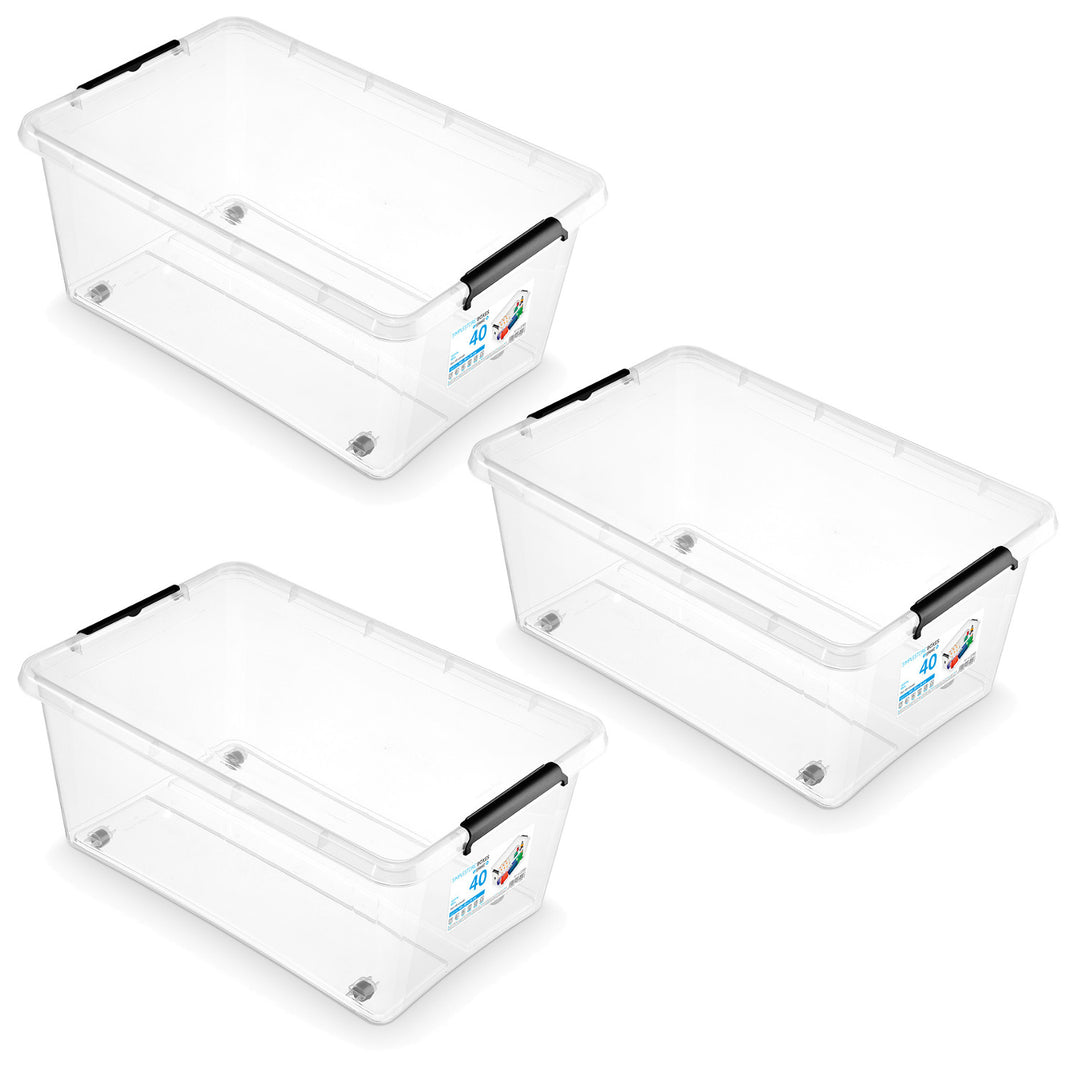 Contenitore Moxom SimpleStore, capacità 40 L, trasparente, coperchio con chiusura a clip, dotato di rotelle, senza BPA, 04-0076, 3 pezzi