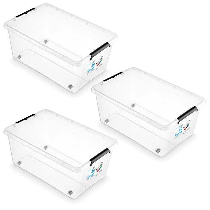 Contenitore Moxom SimpleStore, capacità 40 L, trasparente, coperchio con chiusura a clip, dotato di rotelle, senza BPA, 04-0076, 3 pezzi