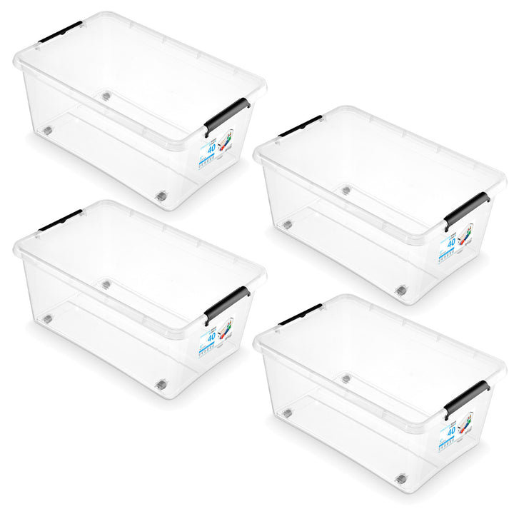 Contenitore Moxom SimpleStore, capacità 40 L, trasparente, coperchio con chiusura a clip, dotato di rotelle, senza BPA, 04-0076, 4 pezzi