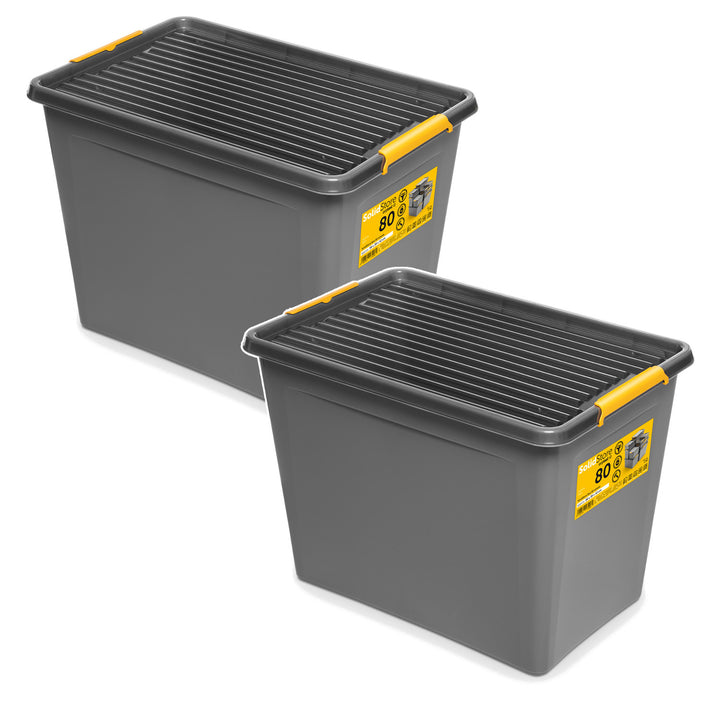 Contenitore Moxom SolidStore, capacità 80 L, grigio, coperchio con chiusura a clip, dotato di rotelle, privo di BPA, 04-0217, 2 pezzi