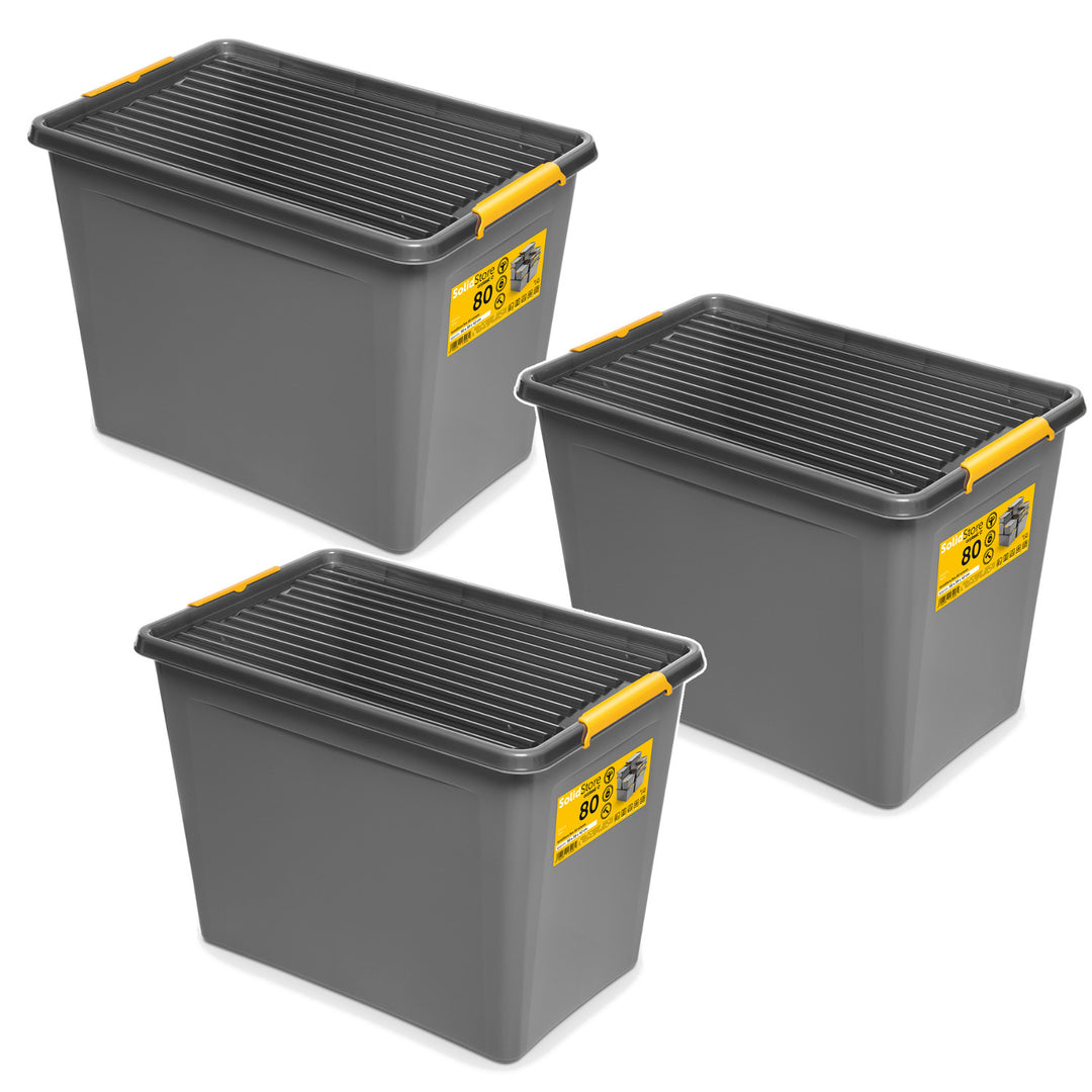 Contenitore Moxom SolidStore, capacità 80 L, grigio, coperchio a clip, dotato di rotelle, senza BPA, 04-0217, 3 pezzi