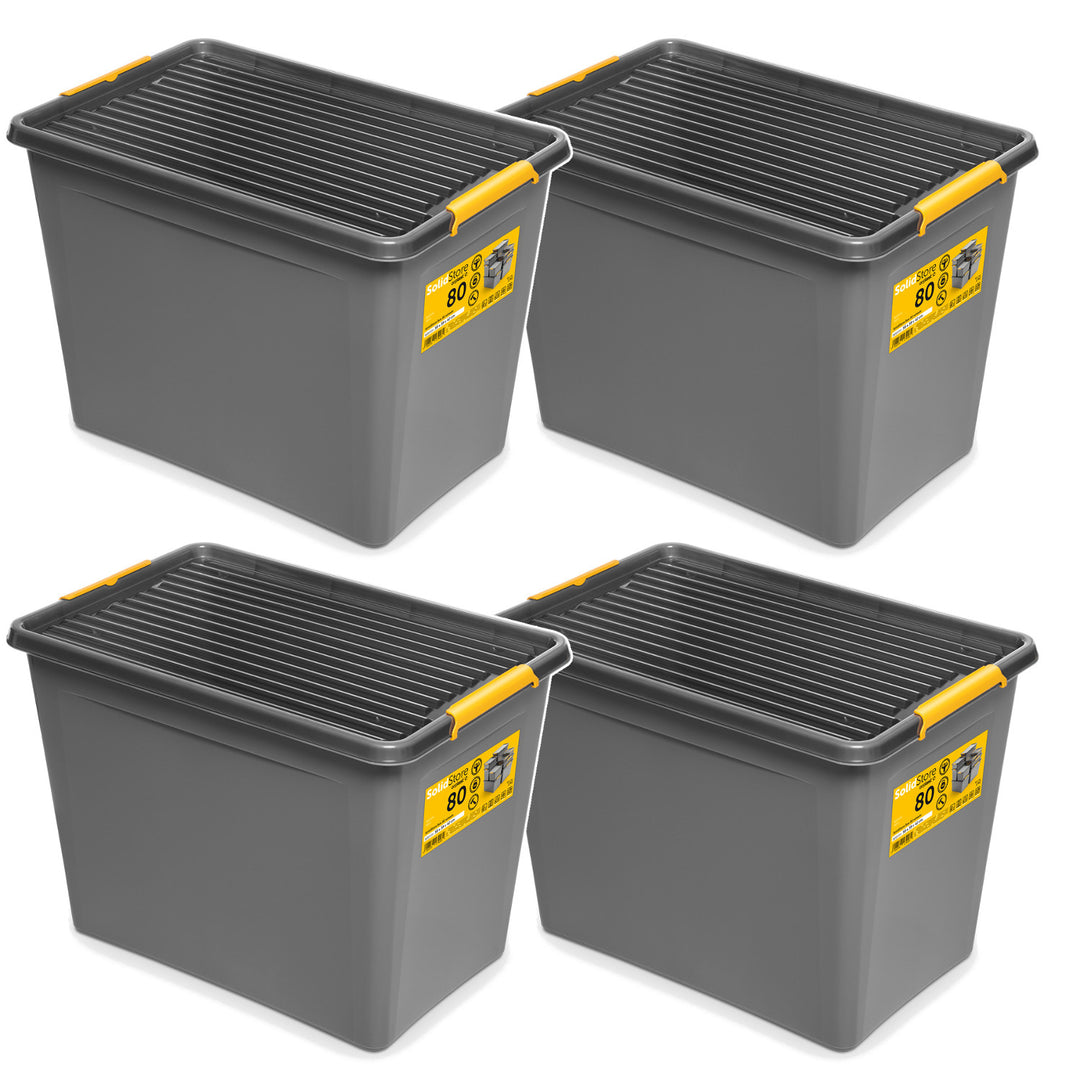 Contenitore Moxom SolidStore, capacità 80 L, grigio, coperchio con chiusura a clip, dotato di rotelle, senza BPA, 04-0217, 4 pezzi