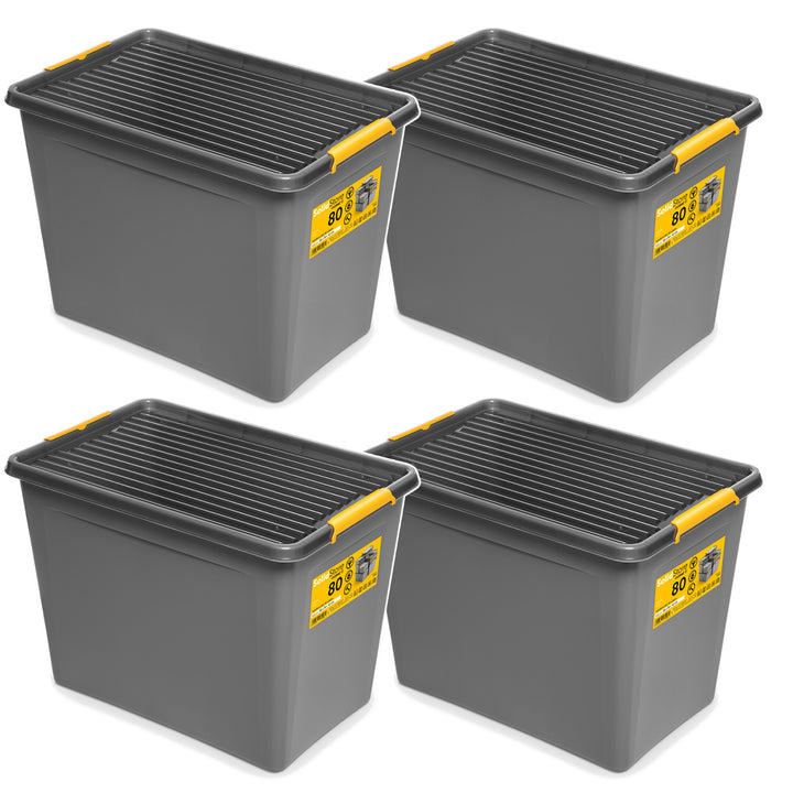 Contenitore Moxom SolidStore, capacità 80 L, grigio, coperchio con chiusura a clip, dotato di rotelle, senza BPA, 04-0217, 4 pezzi