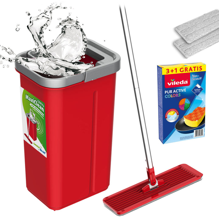 Mop piatto con secchio e strizzatore GreenBlue, due ricambi in microfibra HQ, capacità 5,7 L, MaxiClean GB870 + 4 spugne Vileda Pur Active Colors