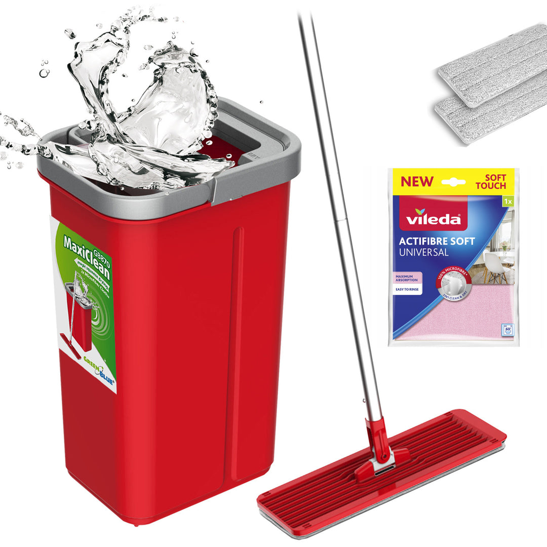 Mop piatto con secchio e strizzatore GreenBlue, due ricambi in microfibra HQ, capacità 5,7 L, MaxiClean GB870 + panno Vileda Actifibre Soft