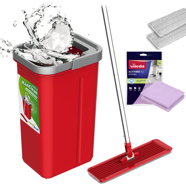 Mop piatto con secchio e strizzatore GreenBlue, due ricambi in microfibra HQ, capacità 5,7 L, MaxiClean GB870 + panno Vileda Actifibre Pro