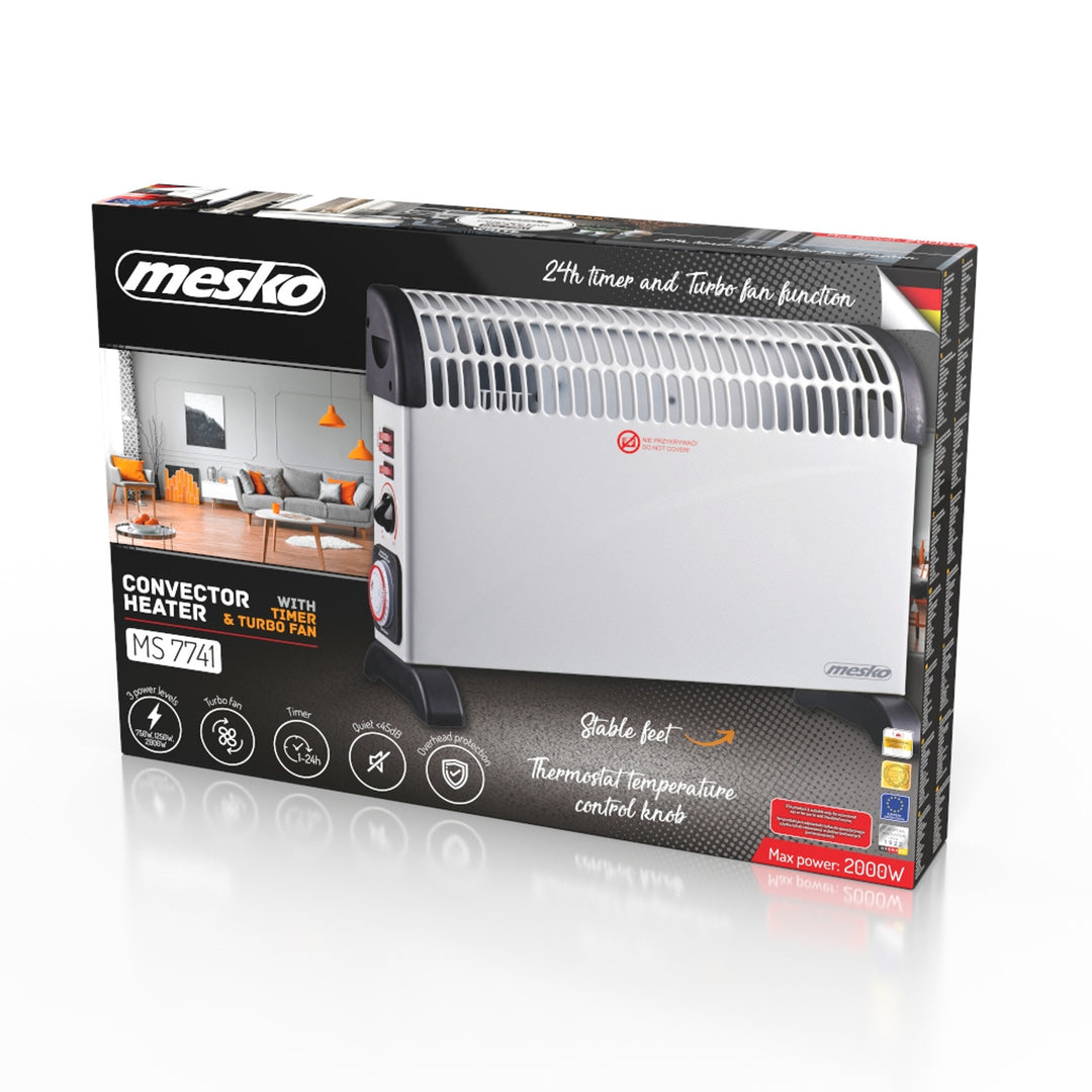 Termoconvettore elettrico, termostato, 2000 W, timer 24 ore, bianco, cavo da 150 cm, Mesko, MS 7741W