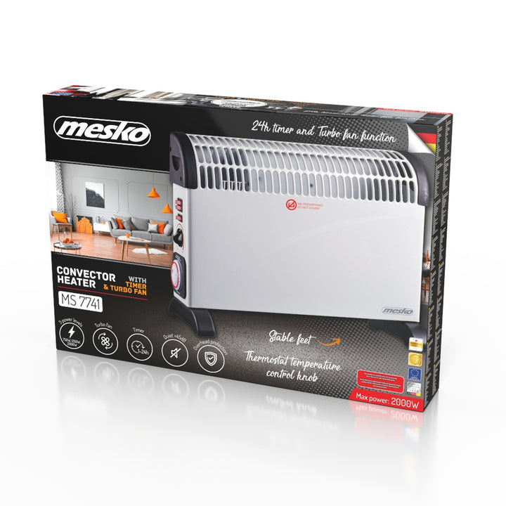 Termoconvettore elettrico, termostato, 2000 W, timer 24 ore, bianco, cavo da 150 cm, Mesko, MS 7741W