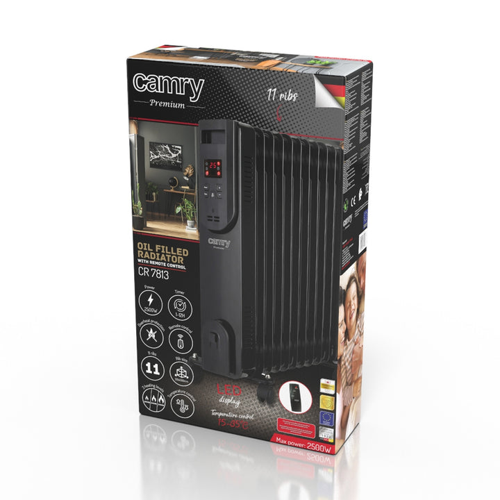 Termoventilatore ad olio, 11 alette, 2500 W, telecomando, display a LED, termostato, Camry CR 7813