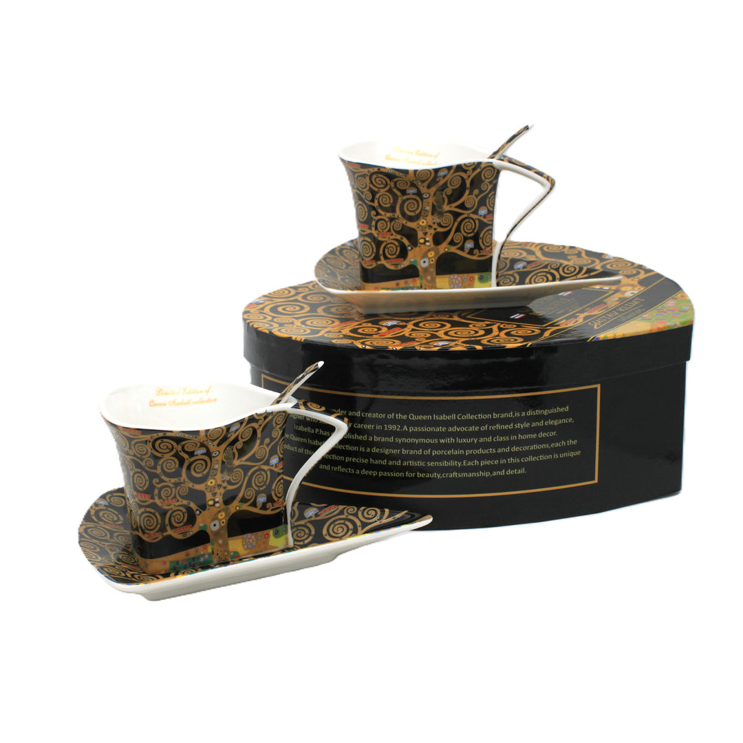 Tazze in porcellana Klimt “Albero della Vita” 2x180 ml con cucchiaini, Queen Isabell