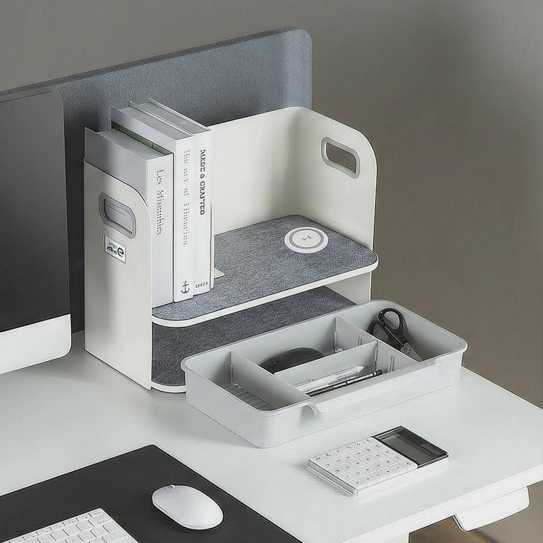 Organizzatore da tavolo con cassetto e caricabatterie wireless Ergo Office, bianco, max. 10 kg, ER-441