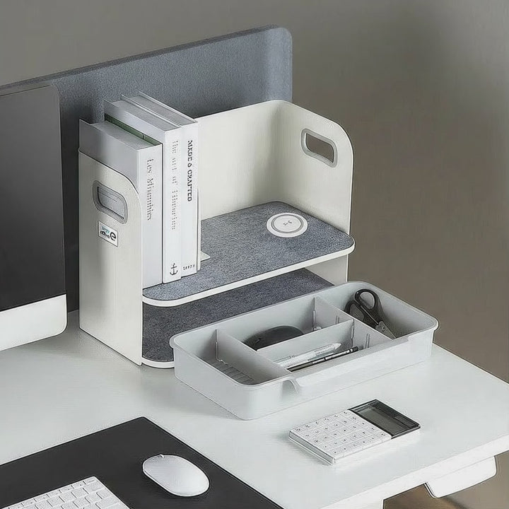 Organizzatore da tavolo con cassetto e caricabatterie wireless Ergo Office, bianco, max. 10 kg, ER-441