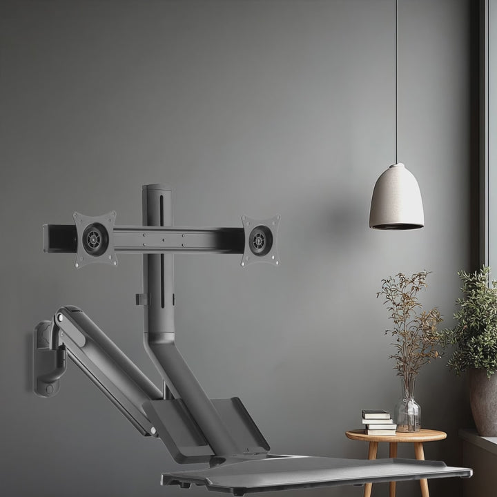 Maclean MC-633 Sit-Stand Workstation: Staffa per 2 monitor con ripiano per tastiera e staffa per computer  Molla a gas da 17-32 pollici