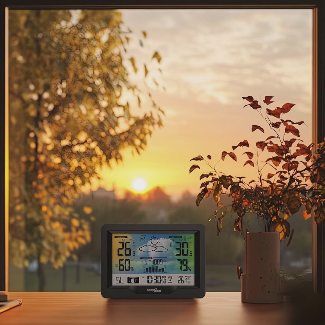 Stazione meteo wireless GreenBlue, a colori, con DCF, fasi lunari, barometro, calendario, alimentazione, GB540N